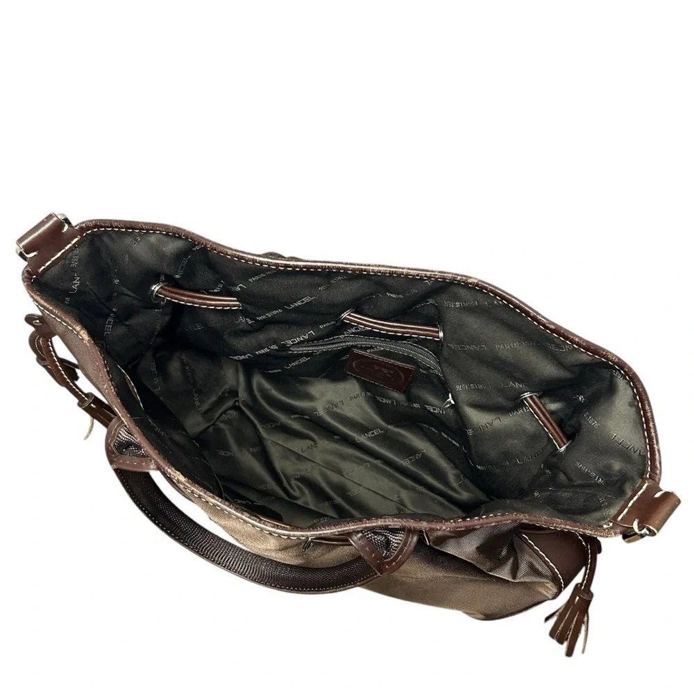 LANCEL PARIS 1876 handbag, nylon leather trim brown with shoulder strap - Picture 12 of 17